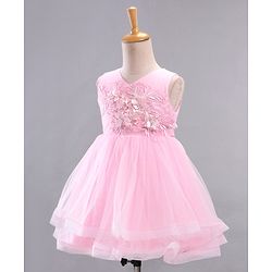 Babyhug Mesh Sleeveless Glittery Butterfly Printed Frock - Pink
