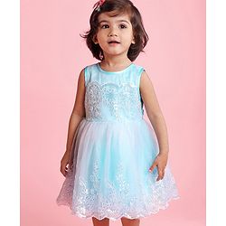 Babyhug Mesh Sleeveless Embroidery Frock - Blue