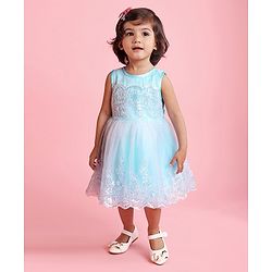 Babyhug Mesh Sleeveless Embroidery Frock - Blue