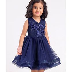 Babyhug Mesh Sleeveless Floral Embroidery Frock - Navy