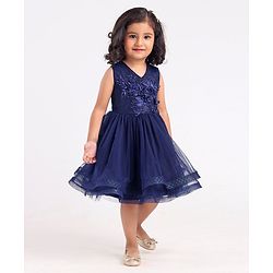 Babyhug Mesh Sleeveless Floral Embroidery Frock - Navy