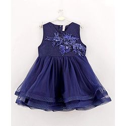 Babyhug Mesh Sleeveless Floral Embroidery Frock - Navy