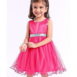Babyhug Sleeveless Party Wear Frock With Foil Print - Fuschia