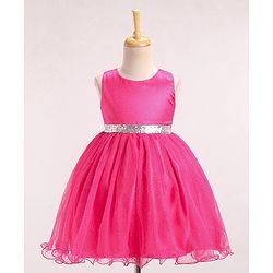 Babyhug Sleeveless Party Wear Frock With Foil Print - Fuschia