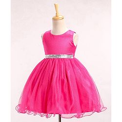 Babyhug Sleeveless Party Wear Frock With Foil Print - Fuschia