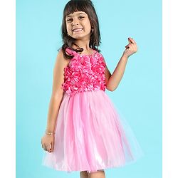 Babyhug Sleeveless Party Wear Frock With Floral Applique- Pink