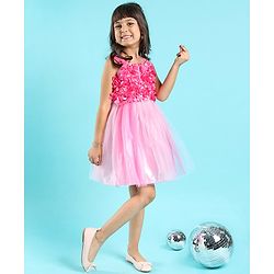 Babyhug Sleeveless Party Wear Frock With Floral Applique- Pink