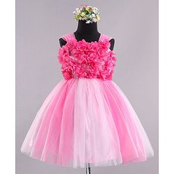 Babyhug Sleeveless Party Wear Frock With Floral Applique- Pink