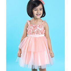 Babyhug Sleeveless Party Wear Tulle Frock With Roses Applique- Peach