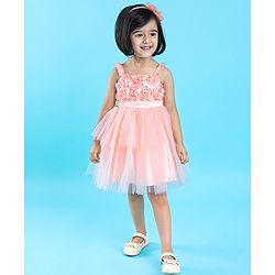 Babyhug Sleeveless Party Wear Tulle Frock With Roses Applique- Peach