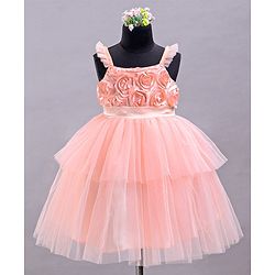 Babyhug Sleeveless Party Wear Tulle Frock With Roses Applique- Peach