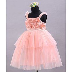 Babyhug Sleeveless Party Wear Tulle Frock With Roses Applique- Peach