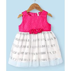 Babyhug Sleeveless Floral Embroidered Sequinned Party Dress with Corsage - White & Pink