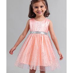 Babyhug Sleeveless Party Wear Frock With Glitter Print - Peach