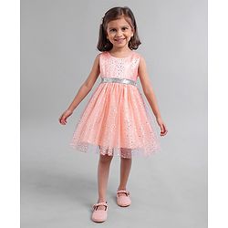 Babyhug Sleeveless Party Wear Frock With Glitter Print - Peach