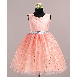 Babyhug Sleeveless Party Wear Frock With Glitter Print - Peach