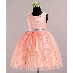 Babyhug Sleeveless Party Wear Frock With Glitter Print - Peach