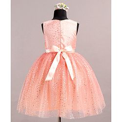 Babyhug Sleeveless Party Wear Frock With Glitter Print - Peach