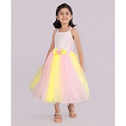 Babyhug Sleeveless Sequinned Party Wear Frock With Flower Applique - Pink