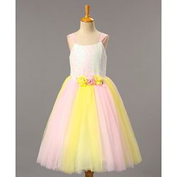 Babyhug Sleeveless Sequinned Party Wear Frock With Flower Applique - Pink