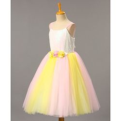 Babyhug Sleeveless Sequinned Party Wear Frock With Flower Applique - Pink