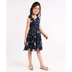 Babyhug Sleeveless Foil Detailing Party Frock - Navy
