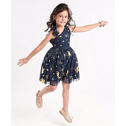 Babyhug Sleeveless Foil Detailing Party Frock - Navy