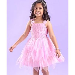 Babyhug Sleeveless Party Wear Frock Floral Embroidery & Glitter Print- Light Pink