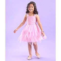 Babyhug Sleeveless Party Wear Frock Floral Embroidery & Glitter Print- Light Pink
