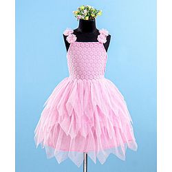 Babyhug Sleeveless Party Wear Frock Floral Embroidery & Glitter Print- Light Pink