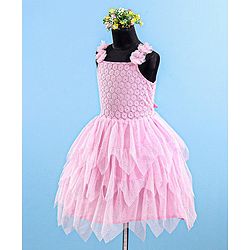 Babyhug Sleeveless Party Wear Frock Floral Embroidery & Glitter Print- Light Pink