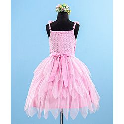 Babyhug Sleeveless Party Wear Frock Floral Embroidery & Glitter Print- Light Pink