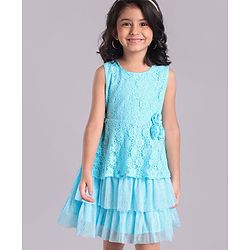 Babyhug Mesh Sleeveless Embroidery Frock - Sky Blue