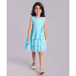 Babyhug Mesh Sleeveless Embroidery Frock - Sky Blue