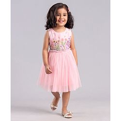 Babyhug Sleeveless Party Frock with Floral Embroidery - Light Pink
