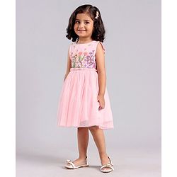 Babyhug Sleeveless Party Frock with Floral Embroidery - Light Pink