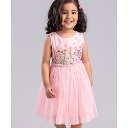 Babyhug Sleeveless Party Frock with Floral Embroidery - Light Pink