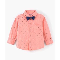Babyhug Full Sleeves Party Wear Shirt With Bow Trophy Print - Peach