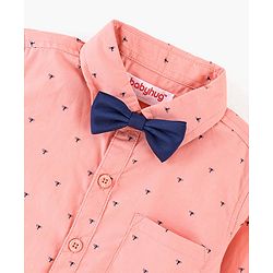 Babyhug Full Sleeves Party Wear Shirt With Bow Trophy Print - Peach