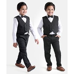 Babyhug WovenCotton Full Sleeves Shirt & Trousers With Waistcoat & Bow - Black