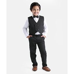 Babyhug WovenCotton Full Sleeves Shirt & Trousers With Waistcoat & Bow - Black