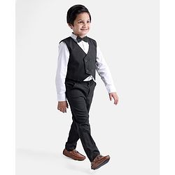 Babyhug WovenCotton Full Sleeves Shirt & Trousers With Waistcoat & Bow - Black