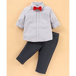 Babyhug Woven Full Sleeves Shirt & Trouser With Bow - Grey