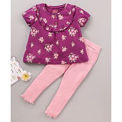 Babyhug 100% Cotton Half Sleeves Top and Lounge Pants Floral Print & Frill Detailing - Purple Pink