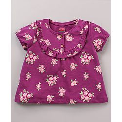 Babyhug 100% Cotton Half Sleeves Top and Lounge Pants Floral Print & Frill Detailing - Purple Pink