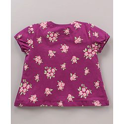 Babyhug 100% Cotton Half Sleeves Top and Lounge Pants Floral Print & Frill Detailing - Purple Pink