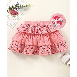 Babyhug Knit Mid Thigh Floral Printed Skirt With Bow Applique - Pink