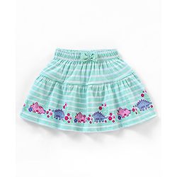 Babyhug Cotton Knit Mid Thigh Length Skirt Stripes & Dino Print- Green & White
