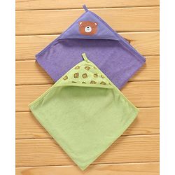 Babyhug Double Layer Terry Hooded Towel Bear Print Pack of 2 - Green Purple