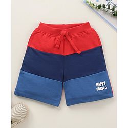 Babyhug Cotton Knit Knee Length Shorts Colour Block & Text Print - Red Navy Blue